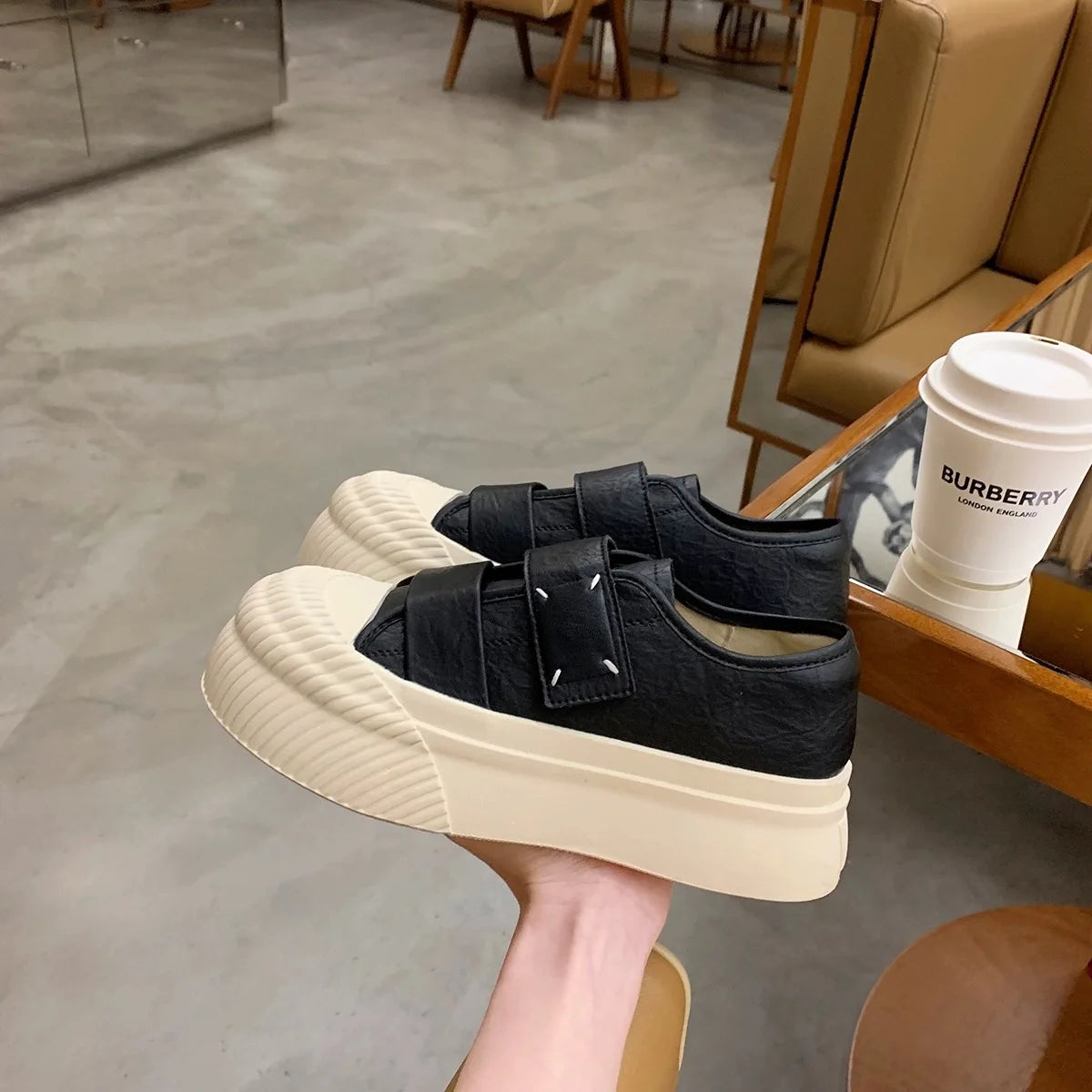 Advbridge Leather ~ Lazy Velcro all match small white shoes round head increase thick soled cookie shoes women Spring and autumn
