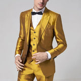 Advbridge Latest Golden Satin Men Suits Slim Fit Prom Party Stage Groom Wedding Tuxedo Ternos Male Suit 3 Pieces (Blazer+Vest+Pants)