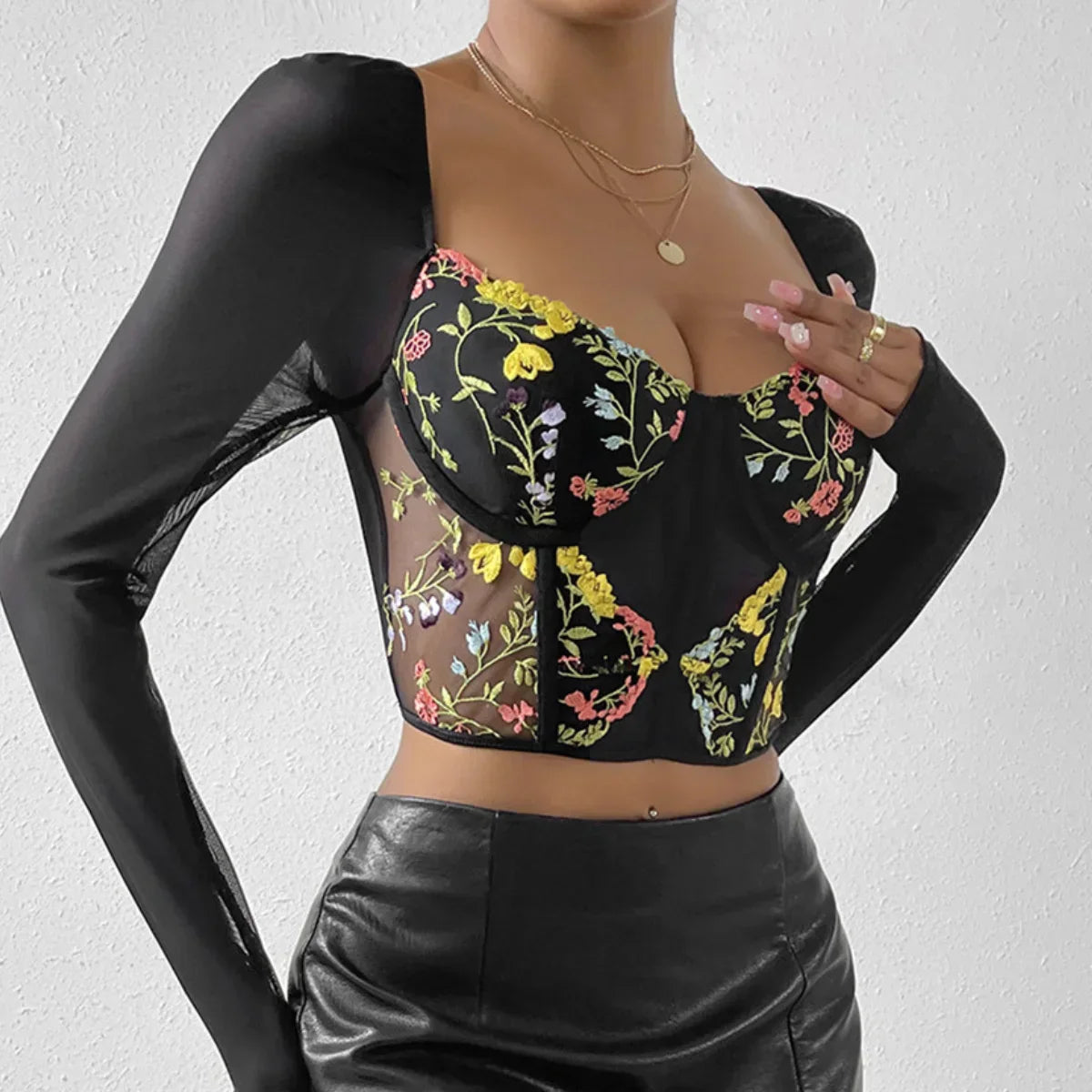 Advbridge -Embroidery Flower Corset Crop Tops Long Sleeves Camisole Black Lace Summer Streetwear Women Slim Sheer Tank Top Lingerie Bustier