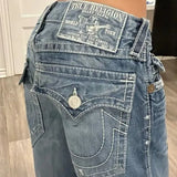 Advbridge Retro Blue Baggy Jeans Y2K Womens Gothic Harajuku Hip Hop Pocket Retro Blue Jeans Fashion Casual High Waist Flared Trousers