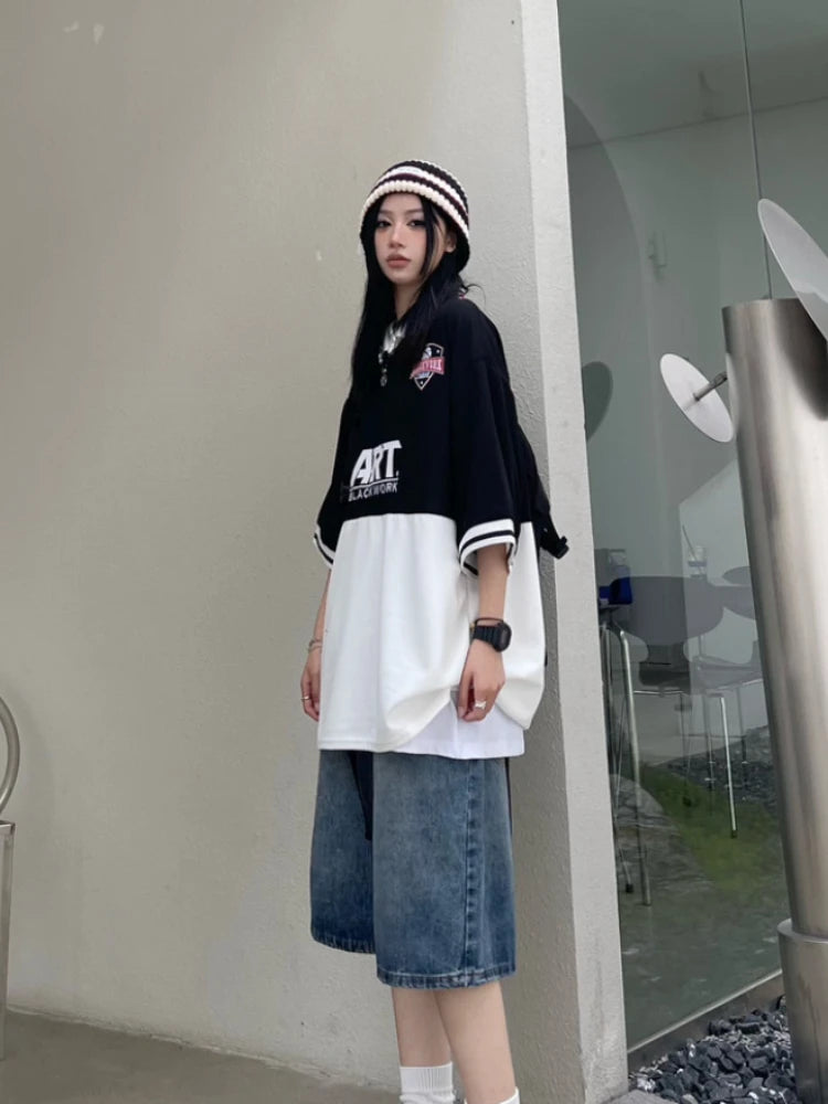 Advbridge Women Y2K Baggy Jorts Vintage Wide Leg Five Points Jeans American Streetwear Casual Washed Oversize Summer Denim Shorts