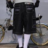 Advbridge Hip Hop Summer Embroidery Floral Baggy Over Knee Jeans Shorts Men's Vintage Wide Leg Pockets Oversized Denim Five Point Pants