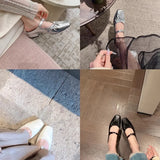 Advbridge Leather ~ French silver black square ballet shoes female baotou half slippers summer wear thick heel sandals