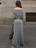 ADVBRIDGE  -  Long Sleeve Ruched Sexy Maxi Dress for Women Elegant Solid Slash Neck High Waist Bodycon Sexy Long Dresses Streetwear