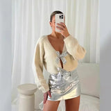 Advbridge Casual Sequin Bow Knitted Sweater Women Lace Up Deep V-neck Long Sleeve Female Cardigan 2024 Fall Hollow Out Lady Solid Y2k Tops