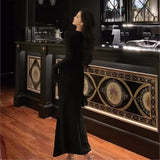 Advbridge Sexy Bodycon Black Lace Maxi Dresses for Women Flare Sleeve V-neck Slim Mermaid Evening Party Dress Prom Robe Fishtail Vestidos