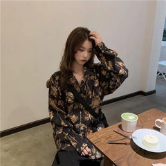 Advbridge Vintage Women's Blouses Oversized Harajuku Black Shirt Streetwear Preppy Style Kpop Fashion Chiffon Long Sleeve Top Casual