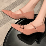 ADVBRIDGE  -  Women's natural suede leather metal buckle slip-on Mary Jane pumps 7cm thick high heel square toe elegant ladies heeled shoes