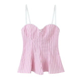 ADVBRIDGE  -  Pink Striped Casual Pants Sets Women Spring New Lace Trim Long Sleeve Pocket Crop Tops+Bow Sleeveless Tank Tops+Belted Trousers