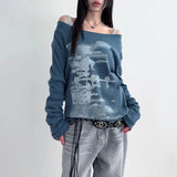 Advbridge Autumn Harajuku Women Printing Tees Vintage Streetwear Grunge Skew Collar Tops Y2k Aesthetic Loose Casual Hiphop Vintage Tops