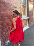 Advbridge Women Fashion Red Halter Mini Dress Sexy Round Neck Sleeveless Backless A-line Dresses 2024 New Summer Lady Beach Holiday Robes