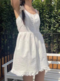 Advbridge  -  Vintage White Ruffles Button Dress Women Sweet Lace Trim Cotton Summer Lace-up Dresses Femme Y2k Streetwear Harajuku Vestidos