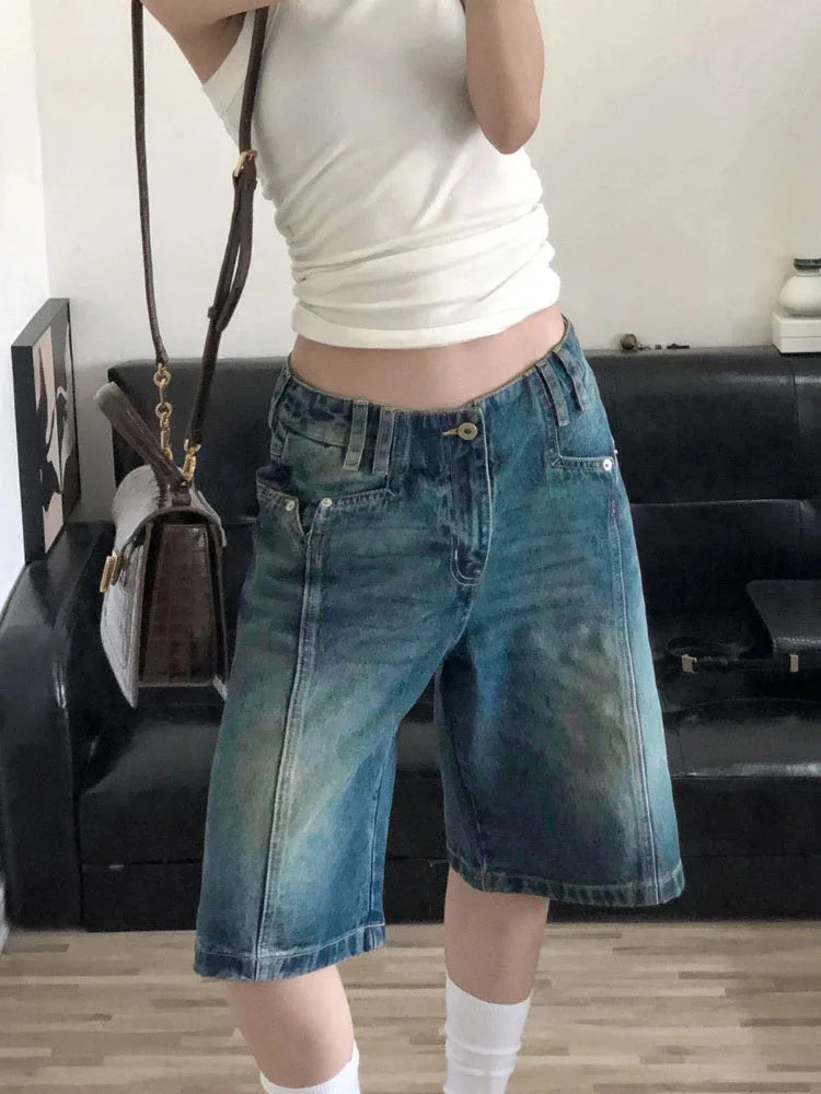 Advbridge Y2K Vintage Denim Shorts Women Baggy High Waist Korean Streetwear Wide Leg Jorts Casual Oversize Washed Summer Jeans