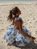 ADVBRIDGE  -  Stereo Flower Print Fuffy Dress Lace Up Slimming Strap Party Gown Pleated Skirt Hemline Halter Beach Suspender Dresses Women