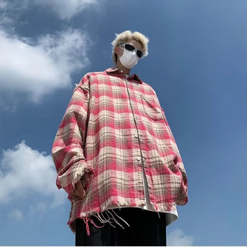 Advbridge Shirts Men Janpanese Style Loose Casual Daily Fashion Plaid Turn-down Collar All-match Popular High Quality Sunny Breathable New