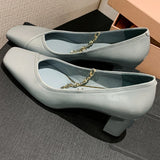 ADVBRIDGE  -  Spring new women's genuine leather crystal chain decoration slip-on Mary Jane pumps 7cm thick high heel elegant ladies shoe