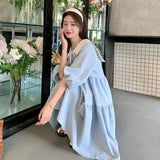 Advbridge Vintage Pleated Lacing Loose Mini Dress Summer New Half Sleeve Solid Color Sweet Casual Dresses Fashion Korean Women Clothing