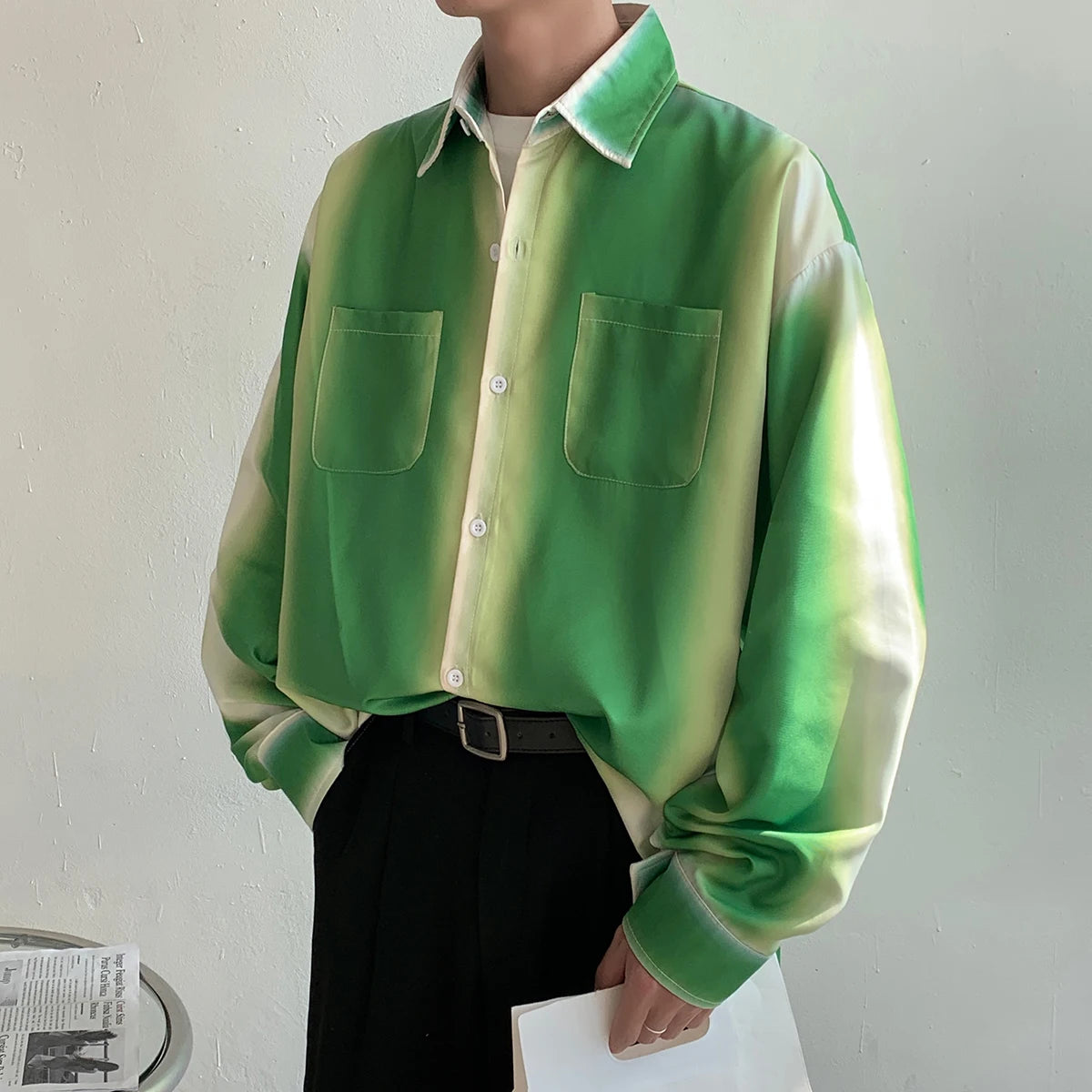 Advbridge Men's Gradient Green Long Sleeve Shirts Korean Loose Fashion Casual Shirt Oversize Shirt Front Pockets High Quality Clothing