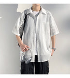 ADVBRIDGE  -  Men's Vertical Stripe Lapel Textured Loose-Fit Short Sleeve Shirt Casual Breathable Top Comfortable Wear, Trendy Summer Style