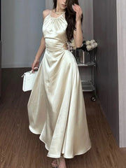 Advbridge Vintage Satin Midi Dresses for Women New Summer French Fold Hollow Out Elegant Prom Fashion Slim Casual Female Clothes Robe