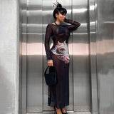 Advbridge Sexy Mesh See Through Maxi Dresses for Women Fashion Ocean Printed Backless Dress Long Sleeve Bodycon Party Dress 2024