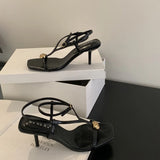 ADVBRIDGE  -  Brown Stiletto Heel Sandals Sexy T Strap Ankle Buckle High Heels Metals Summer Ladies Dress Shoes Black Sandales Femmes