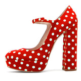 Advbridge Front Strap Platform Polka dot Pumps Women Cool Round Tip High Block Heel Shoes Summer Party Girl's Lolita Patent Leather Pump