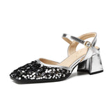 Advbridge Fashion Sequin Bling Bling Ankle Strap Women Slingback Glitter Sandals Square Toe Block High Heels Ladie Party Wedding Shoes 48