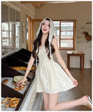 ADVBRIDGE  -  French Style Sweet Mini Dresses Women Apricot Lace Halter V-neck Elegant Party Dress Summer Pink Print Retro Vestido Kawaii Lady