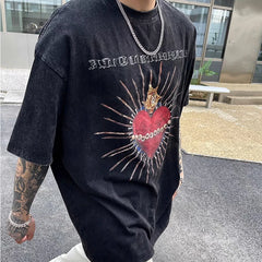 Advbridge Graphic Printed Washed Cotton Men T-shirt Off Shoulder Retro Shirts  Harajuku Women Hip Hop Streetwear Oversized Loose Top Tees