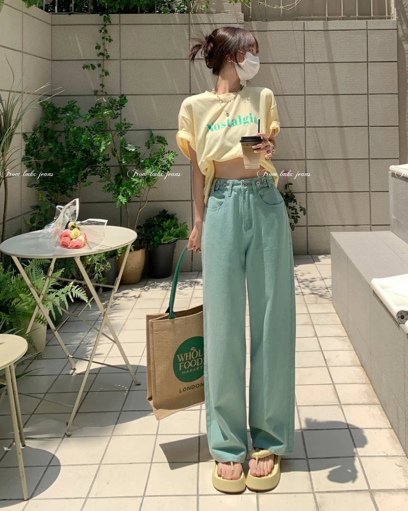 Advbridge  -  S-XL 2Colors Summer Woman high wiast Loose jeans streetwear trouser casual Green Wide leg Long denim pants womens(72968