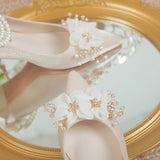 Advbridge Elegant Flowers High Heels Pumps Women 2024 New Pearl Ankle Strap Wedding Shoes Woman String Bead Small Square Heel Bridal Shoes