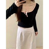 Advbridge -  Pure Sexy Sweet Hot Girl Bow Long-sleeved T-shirt Women's Spring Slim Fit Lace-up Short Backless Top Fashion Female Clothes