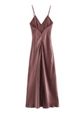 ADVBRIDGE  -  Satin Sexy Solid Suspender Midi Dress Women Summer New V Neck Sleeveless Long Dresses Vintage Fashion Elegant A-line Vestidos
