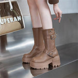 Advbridge 9CM Genuine Leather Women Boots Causal Knee High Boots Shoes Motorcycle Ankle Booties Platform Wedge Thick Sole Buckle Shoes