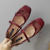 ADVBRIDGE  -  Leather Mesh Patchwork Designer Mary Jane Shoes Woman Elegant Red Bow Square Toe Ballet Flats Comfortable Breathable Flat Shoes