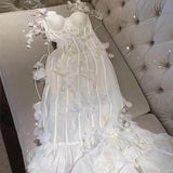 Advbridge  France Runway Summer White Flowers Long Dress Luxury Women Sexy Spaghetti Strap 3D Appliques Chest Pad Mermaid Party Vestidos