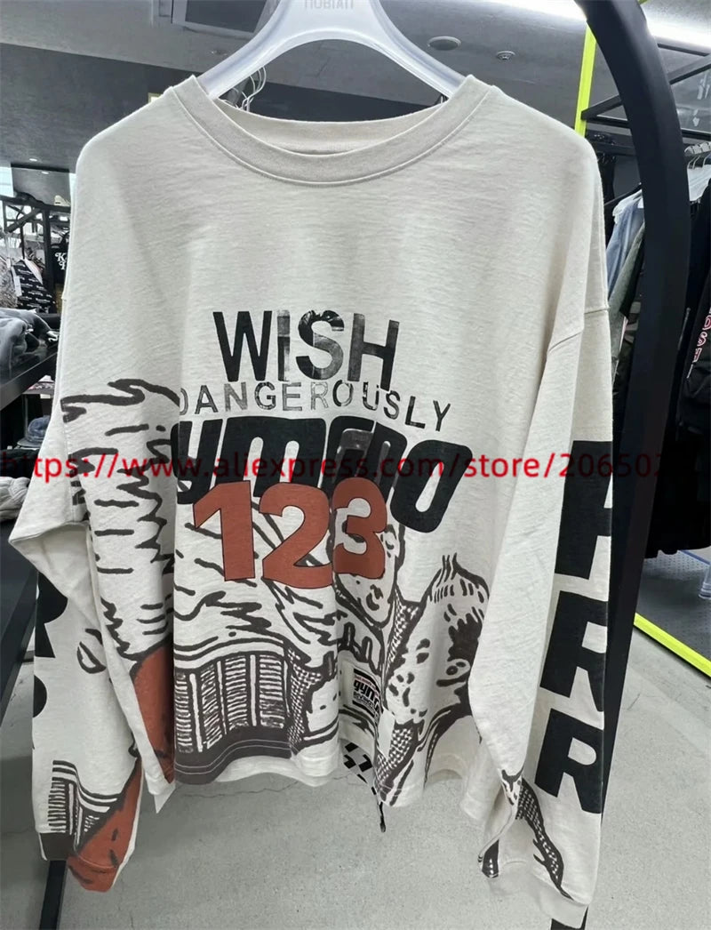 Advbridge Nice Washed RRR123 Portrait Graffiti Slogan Long Sleeved T-shirt Men Women High Quality Summer RRR 123 Tops Tee T Shirt