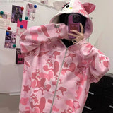 Advbridge American Trendy Hello Kitty Camo Star Print Hooded Embroidered Hoodie for Women Loose Fitting Casual Zippered Coat Clothes