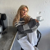 Advbridge Autumn and Winter Sweater Pullovers Women Brown O Neck Striped Sweater Casual Loose Pullovers