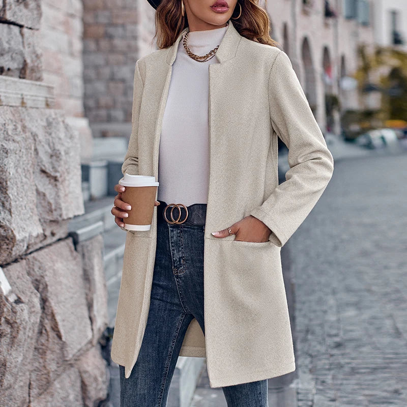 Advbridge Fashion Women Long Sleeve Trend Outwear Office Lady Solid Stand Collar Slim Blazer Cardigan Commute Pocket Texture Autumn Coats