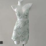 ADVBRIDGE  -  Sexy Pajamas Women's Sleepwear Lace Embroidered Embossed Flower Suspender Night Dress with Panty Set French Backless Nightgowns