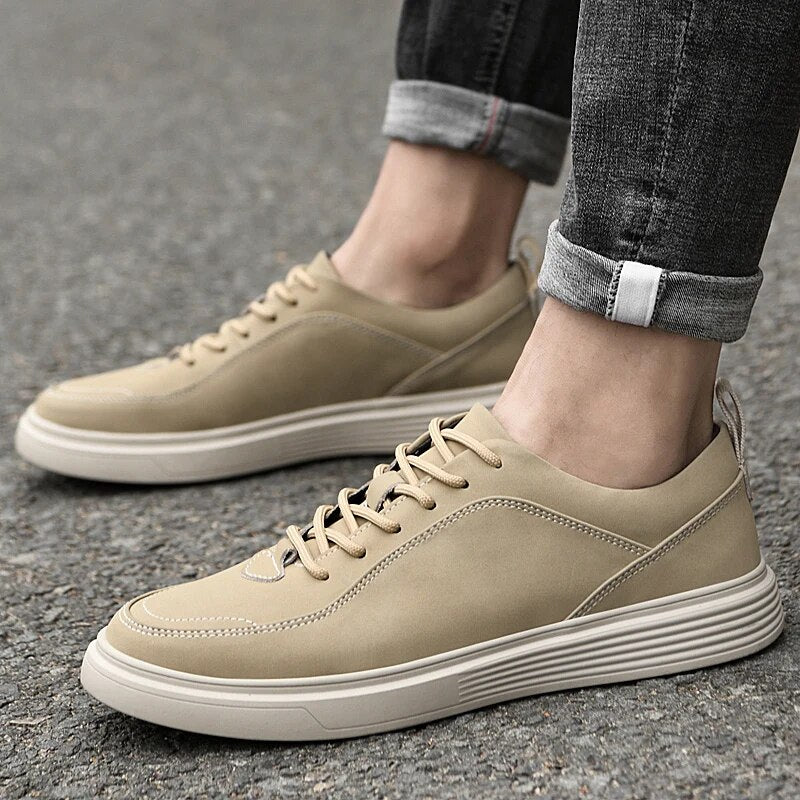 Advbridge Size 38-45 Men Cowhide Casual Fashion Breathable Lace-up Leather Shoes Board Shoes Men's Beige/gray Rubber Outsole Casual Shoes