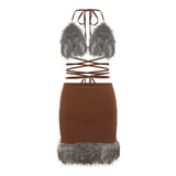 Advbridge-Party Club Outfits Personalized Fashion Sexy Hot Women 2 Piece Fur Halter Camis Tops Skirts Sets Plush Bustiers Feather Mini Bodycon Skirts Y2K Cute Two Piece Outfits