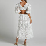 ADVBRIDGE  -  Women Sexy Pleated A-Line Dress Embroidery Retro Puff Short Sleeve Party Dress Temperament V Neck Waist Hollow Lace Long Dress
