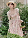 ADVBRIDGE  -  Women's Pink Sweet Dress Summer French Romantic Fairy Dresses for Elegant Square Collar Lace Printed Retro Vestidos be mujer