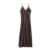 ADVBRIDGE  -  Satin Sexy Solid Suspender Midi Dress Women Summer New V Neck Sleeveless Long Dresses Vintage Fashion Elegant A-line Vestidos