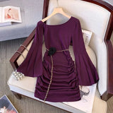 ADVBRIDGE  -  Diagonal Collar Cocktail Party Dress Women Elegant Purple Pleated Flared Sleeve Classic Skirt Fashion Slim Lady Fall Dress