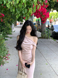 ADVBRIDGE  -  French Elegant Chic Women's Dresses Solid Satin Inclined Shoulder Pleated Slim Wasit Mermaid Dress Party Prom Female Clothes New