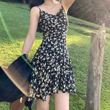 ADVBRIDGE  -  Irregular Floral Mini Dresses V Neck Beach Style Spring Summer Women Dress Korean Fashion Sexy Vestidos Mujer